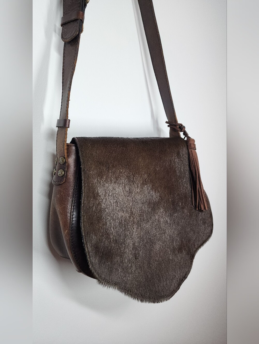 Genuine Leather Patricia Nash Cavalino Rioja Calf Hair Saddle Flap Crossbody Bag